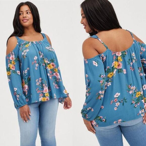 Torrid Blue Crinkle Gauze Lace Trim Cold Shoulder Top Size 4X - Picture 1 of 11